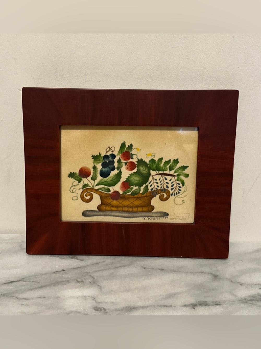 Vintage Theorem Fruit Basket Painting, Hand-Stenciled Folk Art
Framed N Roster